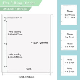 11 x 9 Inch Photo Album Refill Pages,Album Pages for 3 Ring Binder, Self Adhesive Pages, for 2x3 4x6 5x7 8x10 Replacement Photo Album Sheets (20 Sheets / 40 Pages)