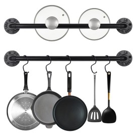 mekueeex Industrial Pipe Pot Pan Rack 21" (2 Pack), Wall mount Pot hangers Pan Hanging Rail Lid Hanger for kitchen with 10 S Hooks ﻿