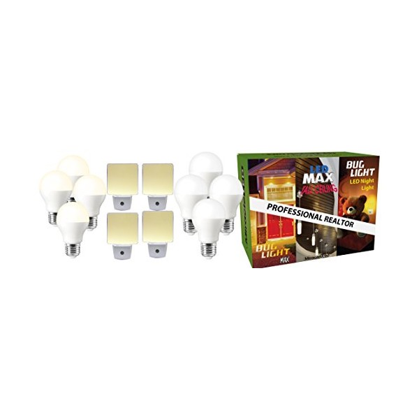MiracleLED 604156 Home Makeover Combo Pack - 4 Bug Light MAX LED Bulbs, 4 LED MAX - Cool Bulbs, 4 LED Bug Night Lights (12 Pack), Yellow/White