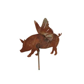 Pets and Farm Animals Metal Garden Landscape Stake (9" Wide Flying Pig on Stake, Naturally Rusted)