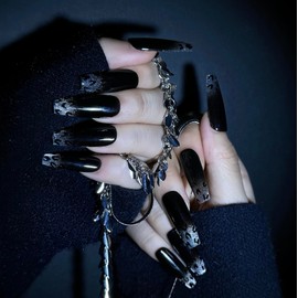 WhyNotNailIt Handmade Midnight Flame Press-On Nails | 10-Pc Set with Jelly Gel | Glossy Black with Subtle Flame Cutout Accents