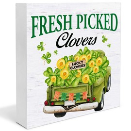 St. Patricks Day Decor - St Patricks Day Decorations Fresh Picked Clovers Wood Decorative Box Sign - Home Decor for Desk Table Shelf 5 x 5 Inches