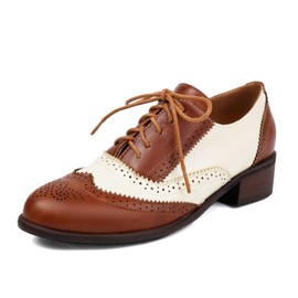 SHEMEE Women's Chunky Low Heels Oxfords Saddle Shoes Creeper Vintage Wingtip Brogues Perforated Flats Lace Up Pumps Two Tone Brown White,US 8.5