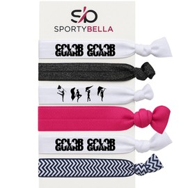 SportyBella Color Guard Hair Tie Set – 6pc No-Crease Elastic Hair Bands for Girls – Includes Pink, Black, Chevron, and Flag Silhouette Designs – Spirit Accessories for Color Guard Performers