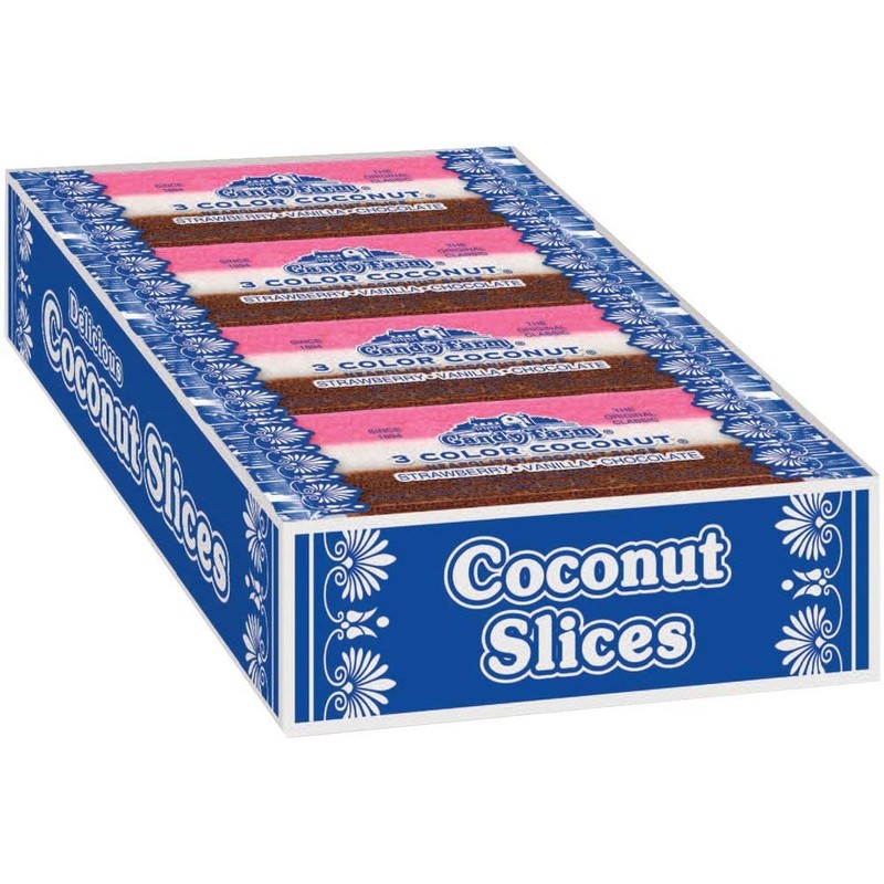 Neapolitan Coconut Slice Candy Bars (Vanilla, Chocolate & Strawberry-striped moist