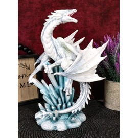 Ebros Gift White Arctic Snow Winter Dragon On Giant Crystal Ice Mountain Glacier Rocks Statue Winterland Dungeons and Dragons Fantasy Decorative Figurine