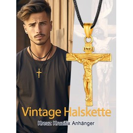 U7 Kreuz Halskette Edelstahl INRI Kruzifix Jesus Christus Anhänger mit 55cm Kunstleder Kette 18k vergoldet Katholischen Christian Modeschmuck für Damen Herren, Gold-Ton