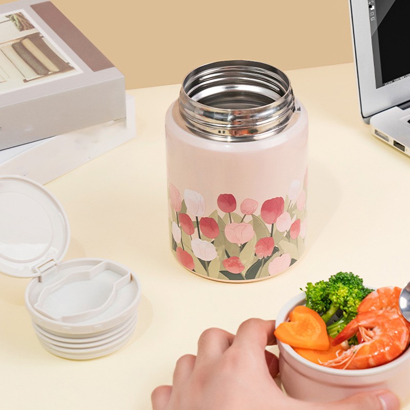 Insulated Food Jar Flower Pattern 450ML Capacity Stainless Steel Portable