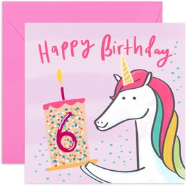 Old English Co. Happy 6th Unicorn Birthday Card - Square Sixth Birthday Wishes Card | Suitable for Baby, Son, Daughter, Child | Blank Inside & Envelope Included