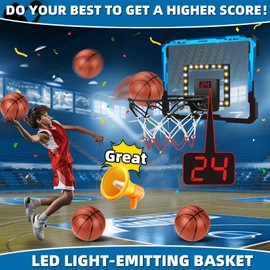 Hapystar Indoor Basketball Hoop for Kids - Over The Door Mini Basketball Hoop with 4 Balls LED Toddler Pool Basketball Hoop with Electronic Scoreboar Birthday Gifts for 3-12 Year Old Boys