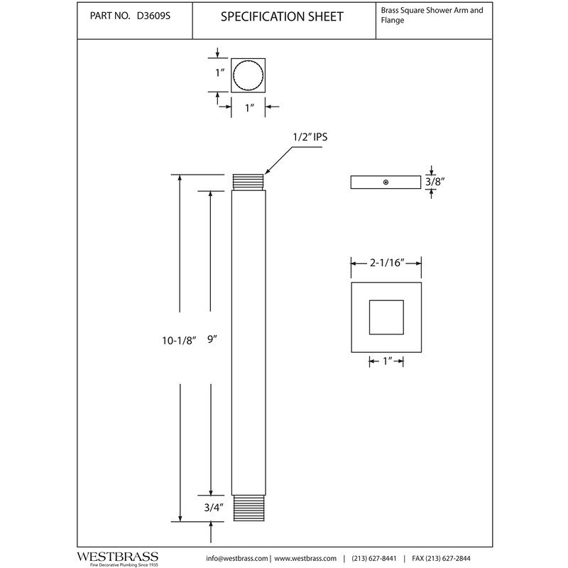 Westbrass D3609S-26 Square Ceiling Drop Shower Arm & Flange, Polished