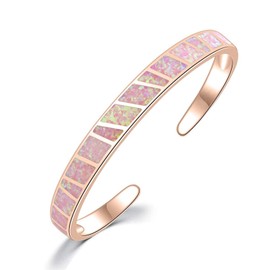 CiNily Womens Rose Gold Plated Cuff Bracelet-Pink Opal Bangle Bracelets Hypoallergenic Large Birthstone Bracelets Ladies Gemstone Big Bangle Bracelet