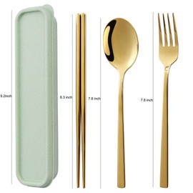 Gold Silverware Set for Camping. Lightweight & Portable Reusable Chopsticks Spoon Fork with Wheat Straw Case for Outdoor. Stainless Steel Flatware Cutlery Set.Dishwasher Safe (Gold)
