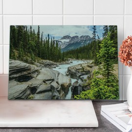 Lunarable Landscape Cutting Board, River Float Between Rocks in Forest Northern Recreation Camping Rafting Woods, Decorative Tempered Glass Cutting and Serving Board, Large Size, Multicolor