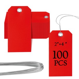 100 Pieces 2x4 inch Plastic Shipping Tags with Wires Heavy Duty Hang Tags with String Waterproof Labeling Tags with Reinforced for Gift Luggage Garage Inventory (red)