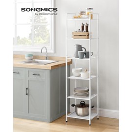 SONGMICS 6-Tier Storage Rack, Bathroom Shelf, Extendable Plant Stand with Adjustable Shelf, for Bathroom, Living Room, Balcony, Kitchen, Classic White UBSC036W01