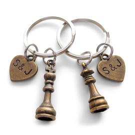 Custom Bronze King & Queen Chess Keychains with Heart Tags for Couples Initials, Anniversary Keychain