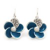 Small Blue Enamel Diamante Flower Drop Earrings In Silver Tone/