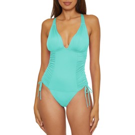 Soluna Swim Shirr Delight - Women's One Piece Swimsuit, Plunge Neck, Bathing Suits for Women, Sky, Medium