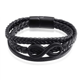 INFINIONLY Men's Multilayer Braided Leather Stainless Steel Bracelet, Infinity Symbol Bracelet, Stainless Steel Magnetic Buckle, Black, Christmas Birthday Gift, Leather