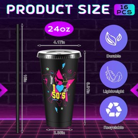 Uiifan 16 Pcs I Love the 50's Party Cute Reusable Cups with Lids and Straws 24 oz Cold Drinking Plastic Rock and Roll Tumblers Bulk Funny 50s Party Supplies