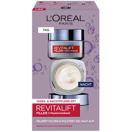 L'Oréal Paris Facial Care Set, Anti-Ageing Hyaluronic Day Cream and Night Cream Against Wrinkles, with Micro-Filler Hyaluronic Acid, Revitalift Filler, 2 x 50 ml