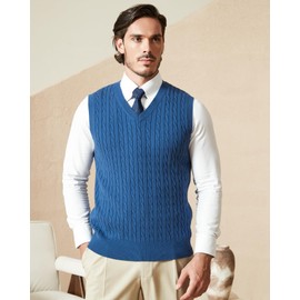 Kallspin Men’s Cable Knit Sweater Vest Pure Cotton V-Neck Sleeveless Knitted Pullover for Fall Winter(Blue, 2XL)