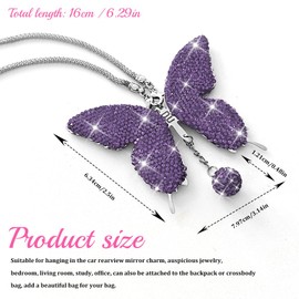 Crystal Butterfly Rearview Mirror Hanging Ornament, Bling Butterfly Car Charm Pendant for Rear View Mirror, Sparkling Car Interior Decoration Accessory for Women Girls Vehicle Hanging Decor(Purple)
