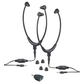 Newgen Medicals Kopfhörer für TVs: 2 TV-Kinnbügel-Kopfhörer, Stereo-Verteiler, 3,5-mm-Klinke, bis 117 dB (Kopfhörer mit Kabelfernsteuerung, Kopfhörer mit Audiokabeln, in Ear kabelgebunden)