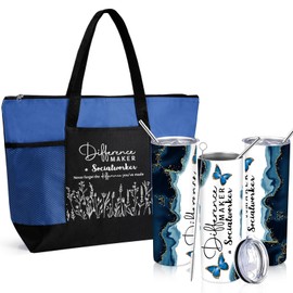 Sieral Social Worker Month Appreciation Gifts 20 oz Tumbler with Straw and Brush and Tote Bag Graduation Retirement Gifts for Women School Counselor Employee Coworker Volunteer(Dark Blue)