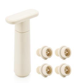 WOTOR Wine Saver Vacuum Pump with 4 Stoppers, Wine Stopper & Preserver, Reusable Bottle Sealer Keeps Fresh, Ideal Accessories Gift, Flat Handle (Cream)