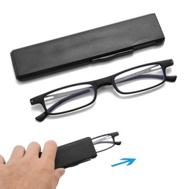OWTXIS Ultra thin Folding Reading Glasses for Women Men Compact TR90 Blue Light Blocking Readers with Portable Slim Flat case (Black, +1.00)