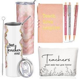 Domensi 6 Pcs Christmas Teacher Appreciation Gift Set for Women 20 oz Marble Sign Tumbler Inspirational Ballpoint Pen Notebooks with Makeup Bag Christmas Teacher Thank You Gifts(Rose Pink,Teacher)