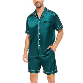 SWOMOG Mens Silk Satin Pajamas Sets Short Sleeve PJs Sets Button-Down Sleepwear Notch Collar Loungewear S-XXL Green