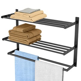 Towel Racks for Bathroom Wall Mounted 24", 3 Tier Bathroom Towel Shelf with Double Towel Bar, Stainless Steel Towel Rack with Towel Shelf, Towel Hanger Holder for Bathroom Towel Storage, Black