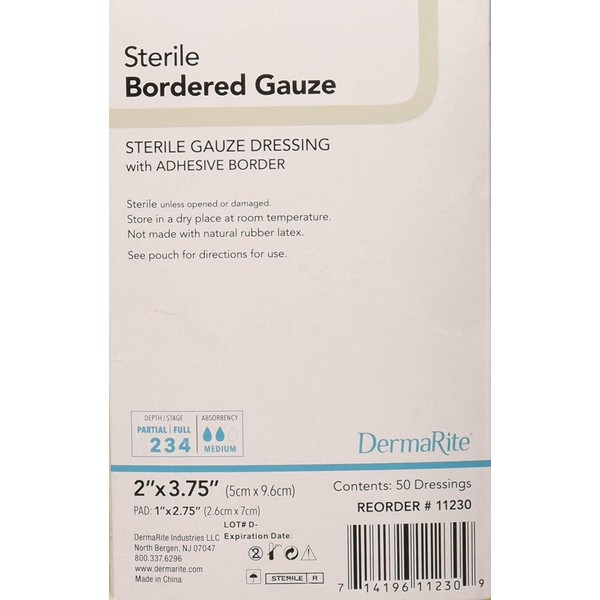 Dermarite Industries Sterile Bordered Gauze Dressing, 2x3.75, 50 Count