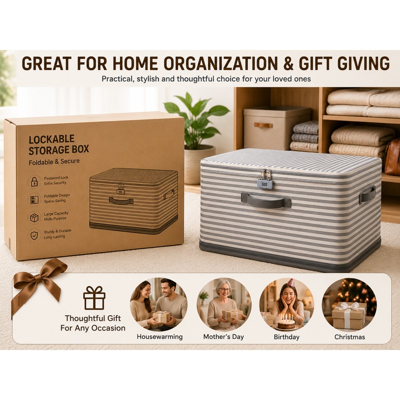 Foldable Storage Box with Lid - Durable Beige Checkered Organizer