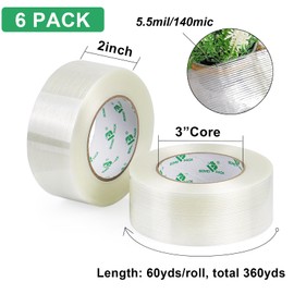 BOMEI PACK 6PACK Reinforced Packing Tape, 5.5Mil 2Inx 60Yds, Heavy Duty Fiber Strapping Adhesive Packaging Tape