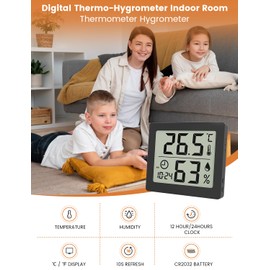 Digital Thermo-Hygrometer Indoor Thermometer Hygrometer Temeo Hygro Indicator 3.1 Inch Large LCD Screen Temperature and Humidity Meter with Clock (Black)