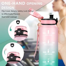 Drinking Bottle 1 5 Litres, Sports Water Bottle with Time Marking, Can Be Carried, Leak-Proof, Motivational Water Bottle, Bottle for Yoga, Camping, Hiking, Pink-Green