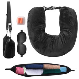 Inflatable Travel Neck Pillow with Eye Mask and Earplugs – Wearable Pillowcase with Shoulder Strap, Holds 2–3 Days of Clothes – Machine Washable Airplane Pillow for Flights, Car Rides, Campi