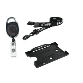 Staff Lanyard Neck Strap with Safety Breakaway 15mm, Badge Pass ID Card Holder Credit Card Size and Retractable Keyring Premier YoYo Reel (Black Plastic)