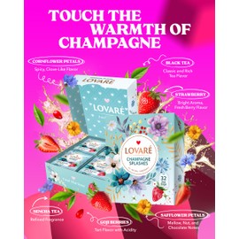 LOVARE Champagne Splashes Tea Bags 64 g - Classic Black and Sencha Green Flavored Tea Blend - Tea Bags Ideal as Christmas Presents for Men and Women - Gift Box Sets for Tea Lovers, 32 Tea Bags