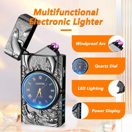 YOZWOO Dolphin Lighter Electric Candle Lighters USB Rechargeable Lighter Dual Arc Plasma Lighter Clock Design with LED Lighting for Outdoor BBQ, Fireworks, Camping (Black)