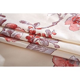 Eikei Home Garden Chinoiserie Floral Duvet Quilt Cover Asian Porcelain Style Tree Blossom and Birds Blue and White Watercolor Pattern 300tc Cotton Percale Bedding Set (Twin, Cream Red)