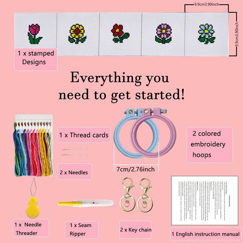 Zhenqing 5 Patterns Mini Cross Stitch Keychain Kit, DIY Flower