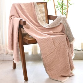 Folkulture 100% Cotton Reversible Boho Throw Blanket, 50" X 60", Grey & Pink