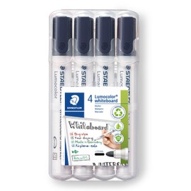 STAEDTLER Lumocolor Whiteboard Marker Bullet Tip Approx. 2 mm Line Width High Quality Dry and Residue-Free Wipe Whiteboards Set of 4 Black Markers 351 WP4-9X