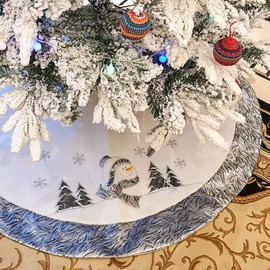 WEWILL 48ââ‚¬ââ‚¬ Luxury Silvery Christmas Tree Skirt with Satin Border Embroidered Snowman Snowflake Xmas Tree Skirt Themed with Christmas Stockings(Not Included)