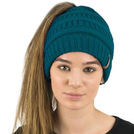 TOSKATOK® Women's Plain Ponytail Messy BUN Ribbed Winter Beanie Hat Cap Hair Band, teal